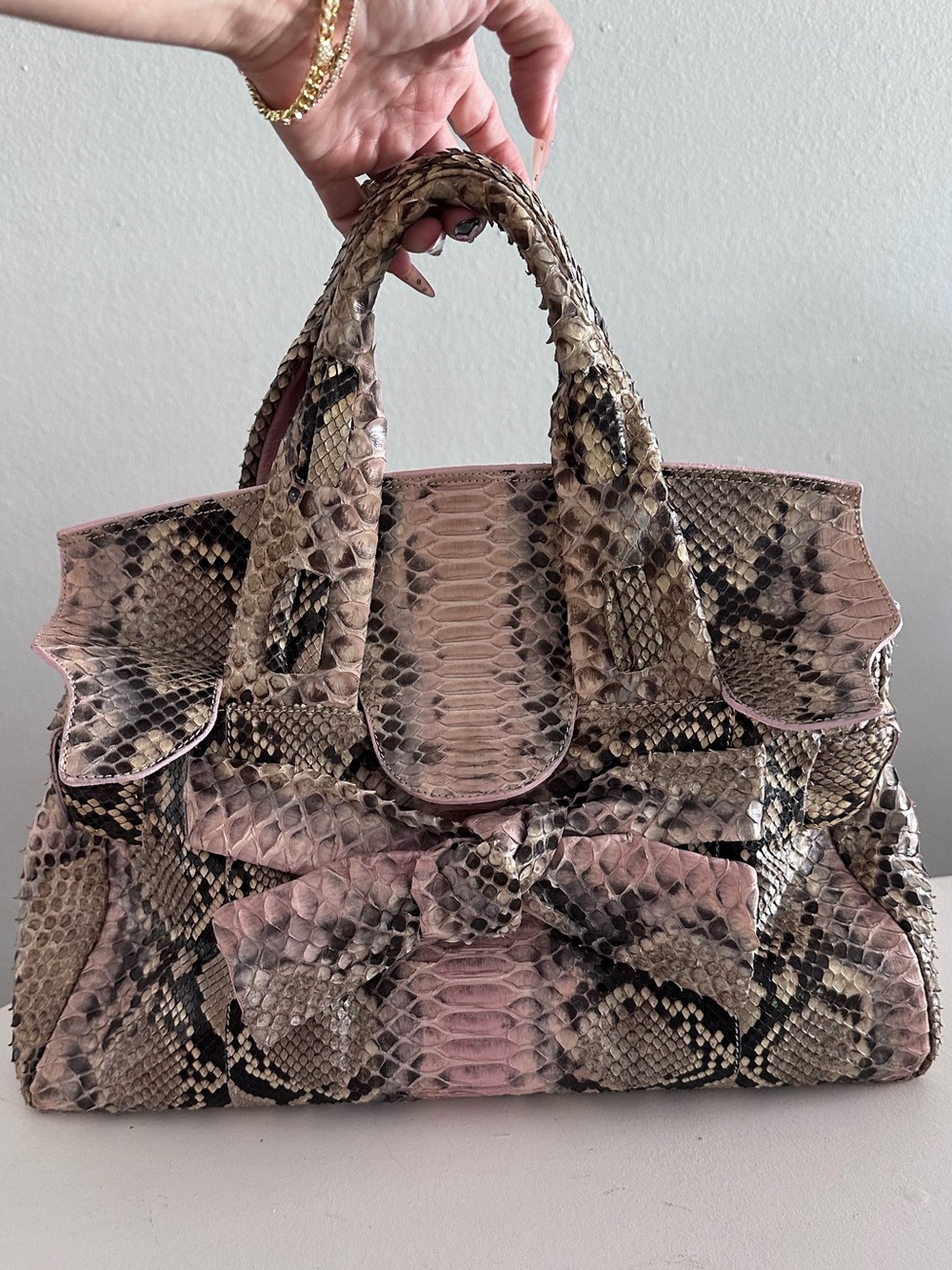 Paolo Botticelli Genuine Python Snakeskin Bow Satchel Shoulder Bag Blush Pink EU